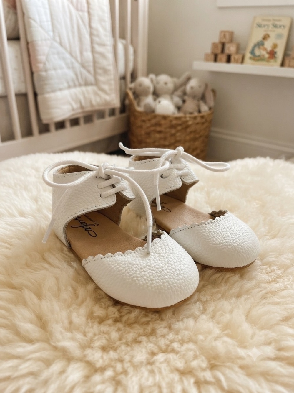 Monkey Feet White Leather Lacy Tie Scalloped Baby Shoes 12-18 Months